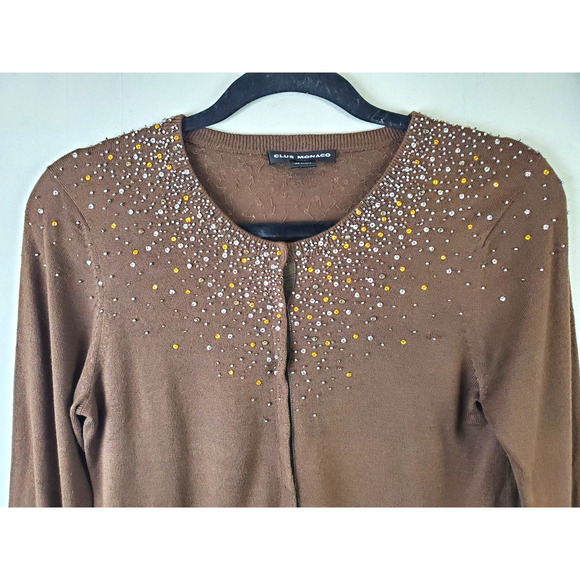 Club Monaco Womens Small Cardigan Sweater Beaded Neckline Silk Lightweight Brown - Picture 5 of 10